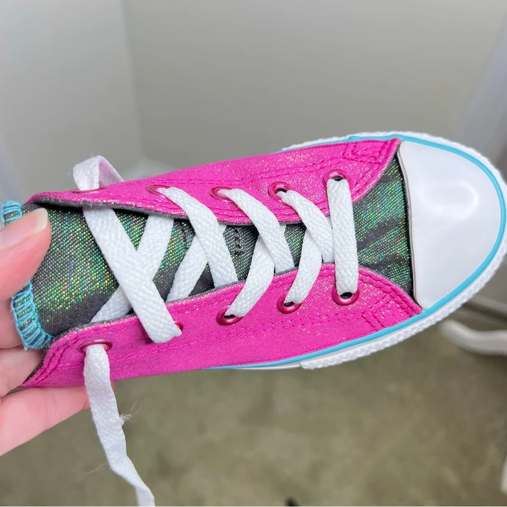 Converse All Star Sneakers Shoes Size 2 Youth Pink Sparkle Shine Double Tongue